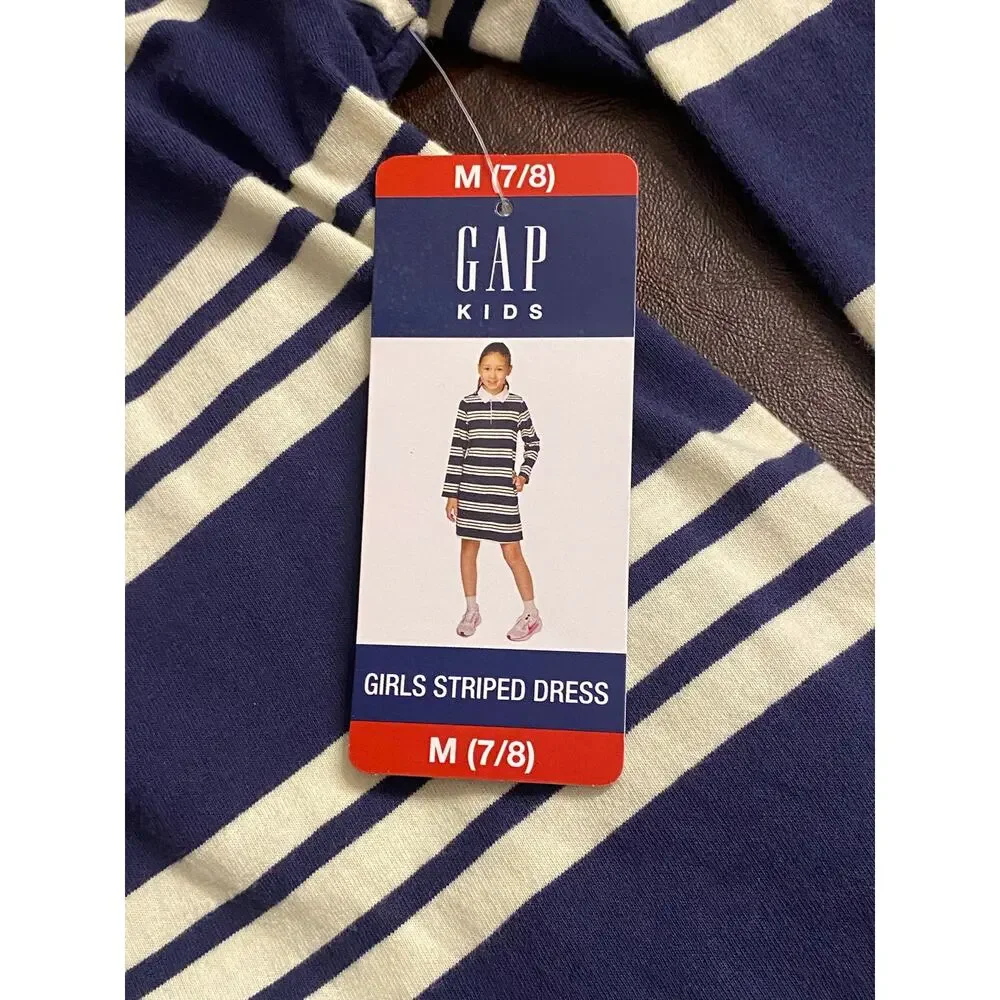 NWT Gap Kids Striped Polo Dress Navy White Long Sleeve Girl M 7/8 School Pockets